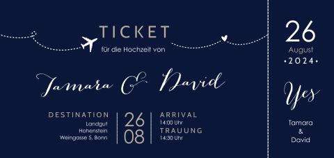 Kreative Hochzeitseinladung als Flugticket für das gemeinsame Leben