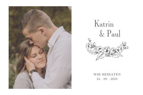Schöne Hochzeitseinladung mit Ihrem Foto und Blumenskizzen