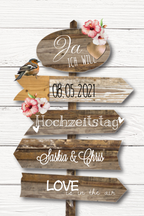 Romantischer Wegweiser aus Holz als Motiv für Ihre Einladungskarten