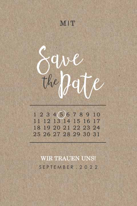 Ihre Save the Date Karte auf echtem Kraftpapier mit Kalender