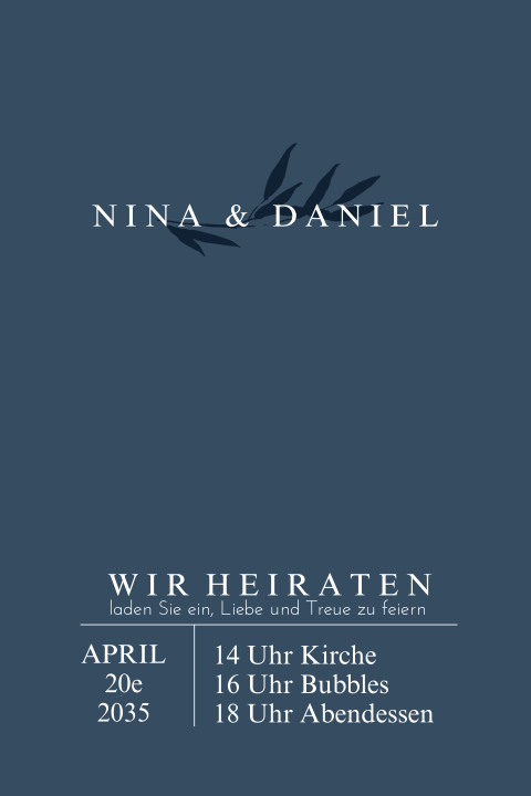 Hochzeitseinladung mit blauem Hintergrund und Zweig: "Blue Elegance"