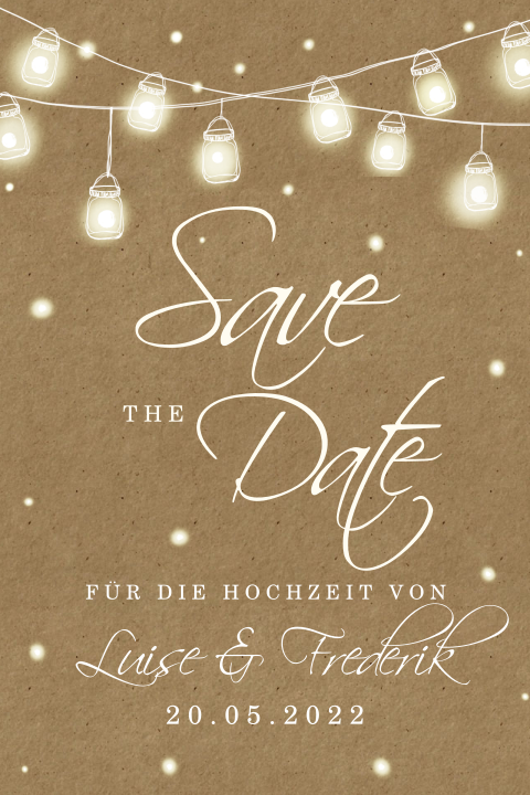 Save the Date Karte mit einer hübschen Laternenkette auf Kraftpapier