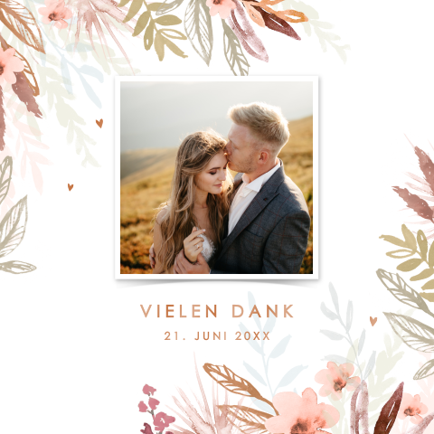 Danksagungskarte für Ihre Hochzeit mit Bild und Pflanzenmotiv: "fall"