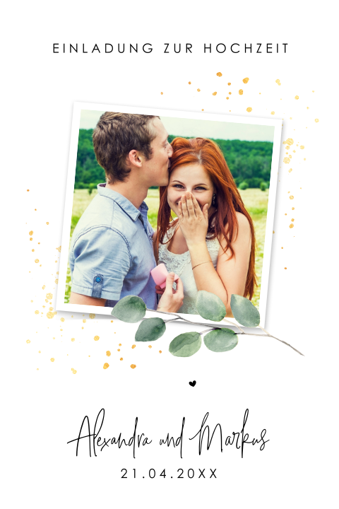 Hochzeitseinladung mit Eukalyptuszweig und Ihrem Foto