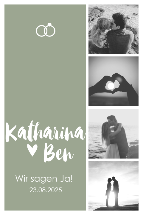Hochzeitseinladung mit grünem Hintergrund und einer Bilderstrecke
