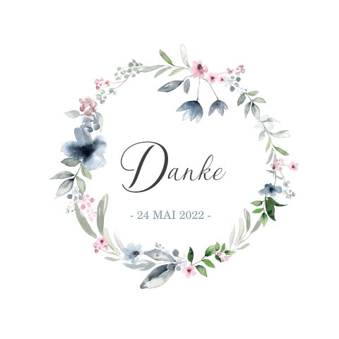 Dankeskarte mit Blumenkranz und Blüten in Blau und Rosa