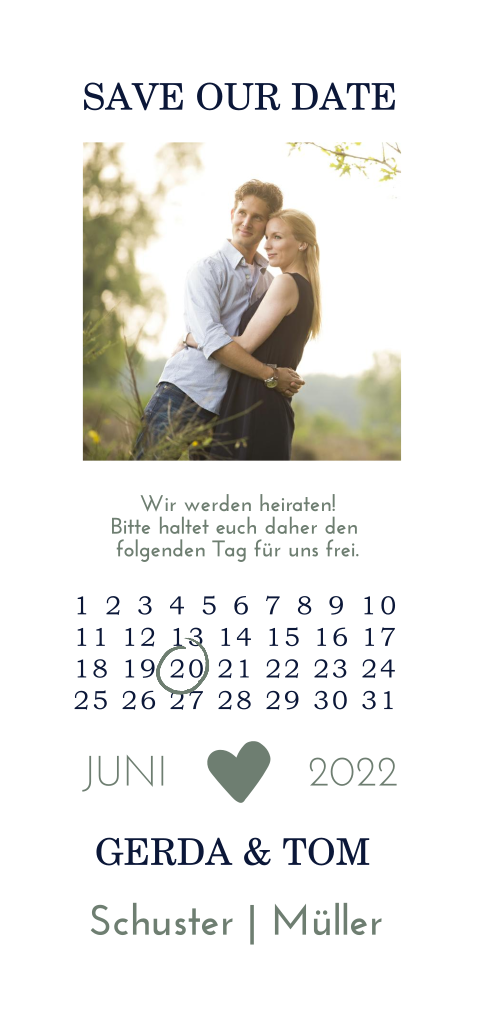 Save the Date Karte mit Foto und Kalender für Ihr Hochzeitsdatum