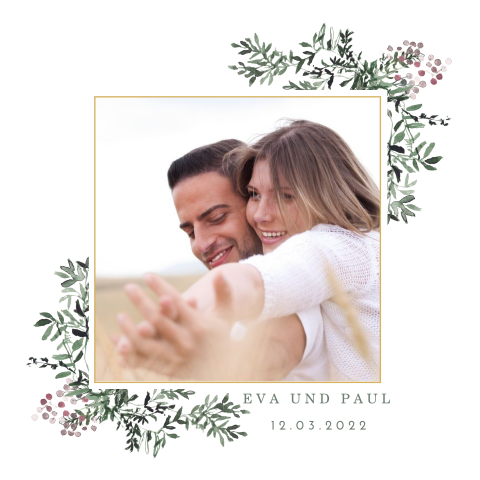 Hochzeitseinladung mit Ihrem persönlichen Foto und grünen Zweigen