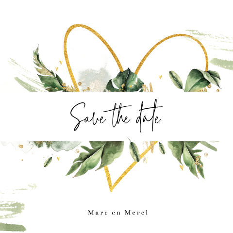 Save the Date Karte mit goldenem Herz und grünen Blättern