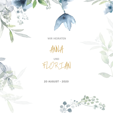 Hochzeitseinladung mit Blumenrand und blauen Blüten