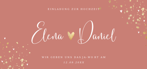 Hochzeitseinladung in Terracotta und Gold mit kleinen Herzen