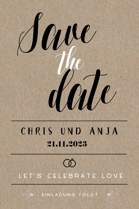 Save the Date Karte auf Kraftpapier mit schöner Schrift: "Lettering"