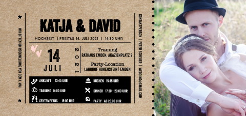 Hochzeitseinladung in Form eines Eintrittstickets zu Ihrer Hochzeit