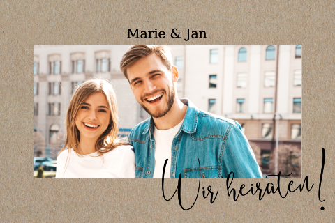 Trendige Hochzeitseinladung auf Kraftpapier mit Ihren Fotos