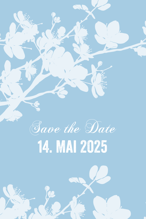 Save The Date Karte mit blauem Hintergrund und weißen Blüten
