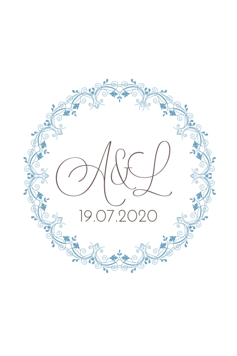 Hochzeitseinladung mit blauem Blumenkranz und Initalen: "Jewelful"