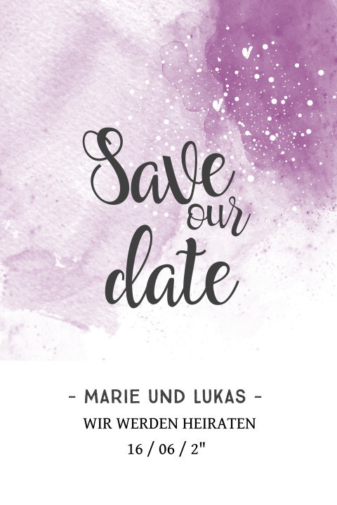 Verträumte Save the Date Karte mit violetten Pastellwolken