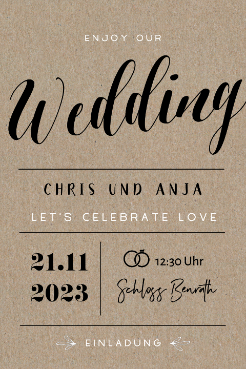 Hochzeitseinladung auf Kraftpapier mit Schriftzug: "Lettering"