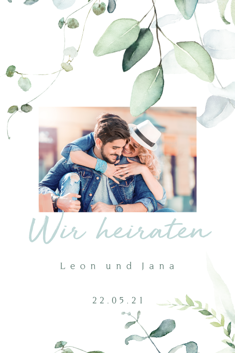 Hochzeitseinladung mit grünen Blättern und Ihrem Foto