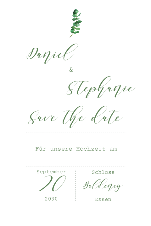 Elegante Save the Date Karte mit Eukalyptuszweig: "Eukalyptus"