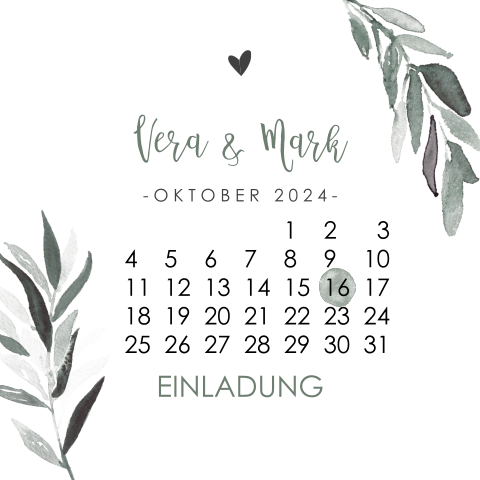 Hochzeitseinladung in Form einer Kalenderblattes mit grünen Zweigen