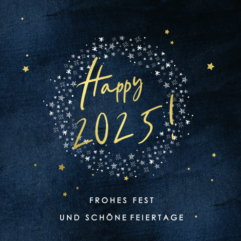 Neujahrskarte mit blauem Hintergrund und goldenen Sternen