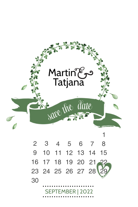 Save the Date Karte mit einem Kalenderblatt und floralen Elementen