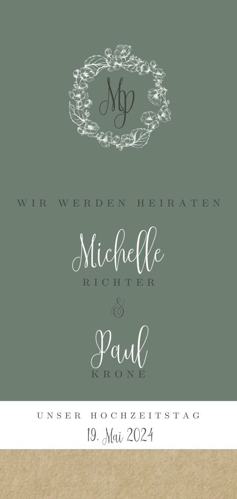 Elegante Hochzeitseinladung mit floralem Kranz