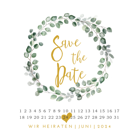 Save the Date Karte mit Eukalyptuskranz und Kalender: "Eukalyptus"