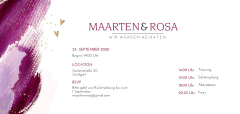 Hochzeitseinladung mit eleganten violetten Pinselstrichen als Bickfang