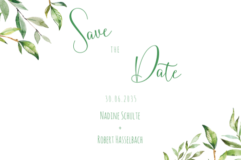 Save the Date Karte mit grünen Zweigen: "Leaves"