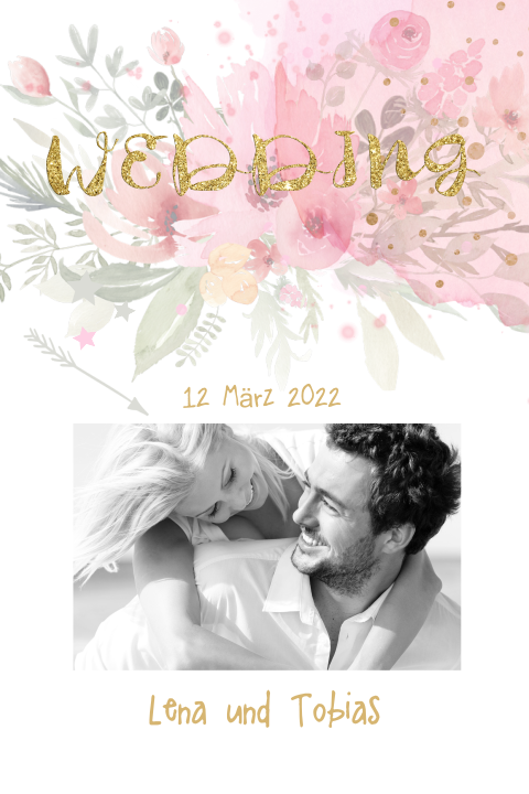Romantische Hochzeitseinladung mit rosafarbenen Blumen