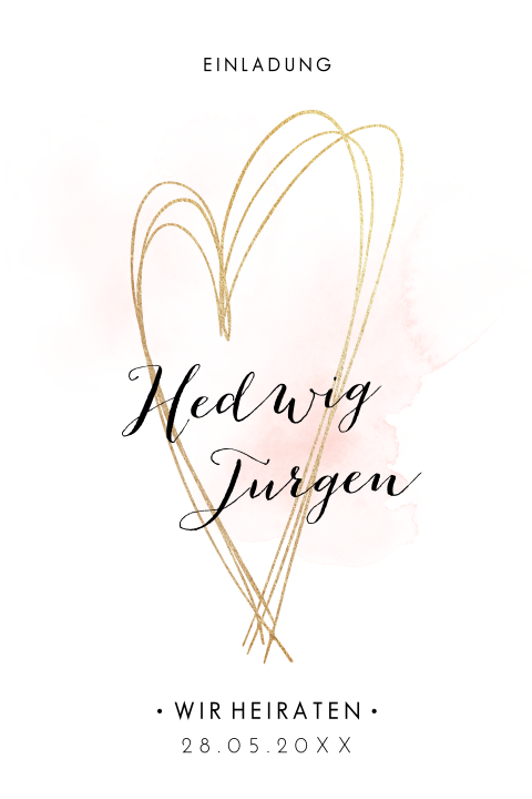 Hochzeitseinladung mit rosafarbener Pastellwolke und goldenen Herzen