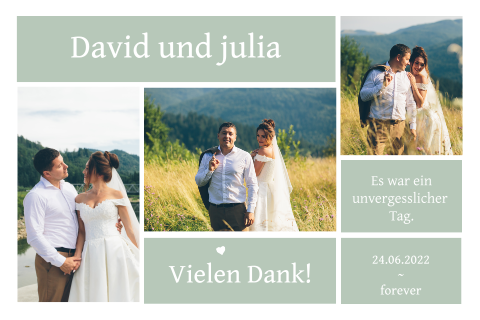 Dankeskarte zu Ihrer Hochzeitsfeier mit klarer Struktur und Fotos