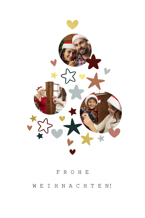 Weihnachtskarte mit Herzen, Sternen und Fotos in Form einer Tanne