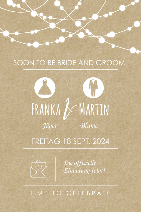 Save the Date Karte mit hübscher Lichterkette in Kraftpapieroptik