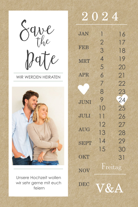 Save the Date Karte in Kraftpapieroptik und Kalender