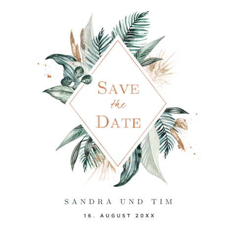 Save the Date Karte mit Raute, Pflanzenhintergrund und Folie: "Jungle"