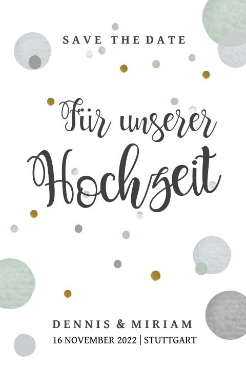 Save the Date Karte mit grünen und grauen Punkten
