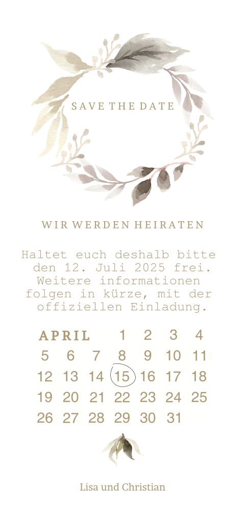 Save the Date Karte mit floralen Elementen und Kalender