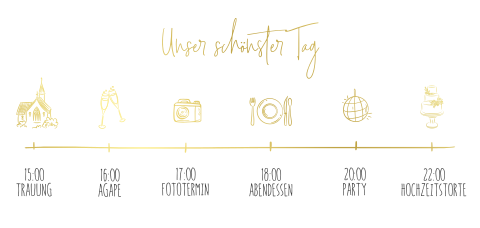 Hochzeitseinladung mit icons und Tagesablauf im Foliendruck
