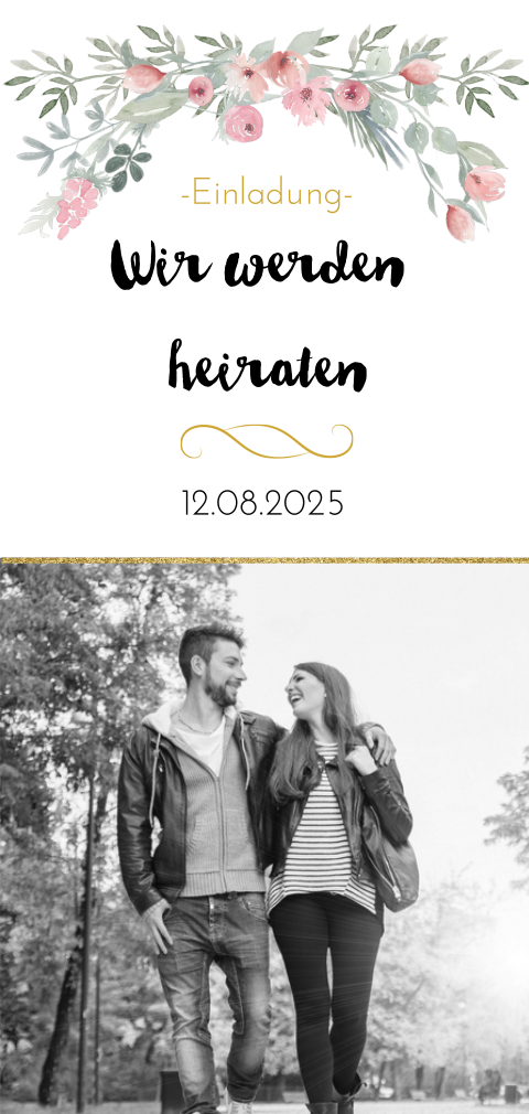 Hochzeitseinladung mit Ihrem persönlichen Bild und Blumengesteck