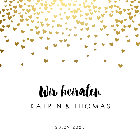 Hübsche Hochzeitseinladung mit goldenen Herzen
