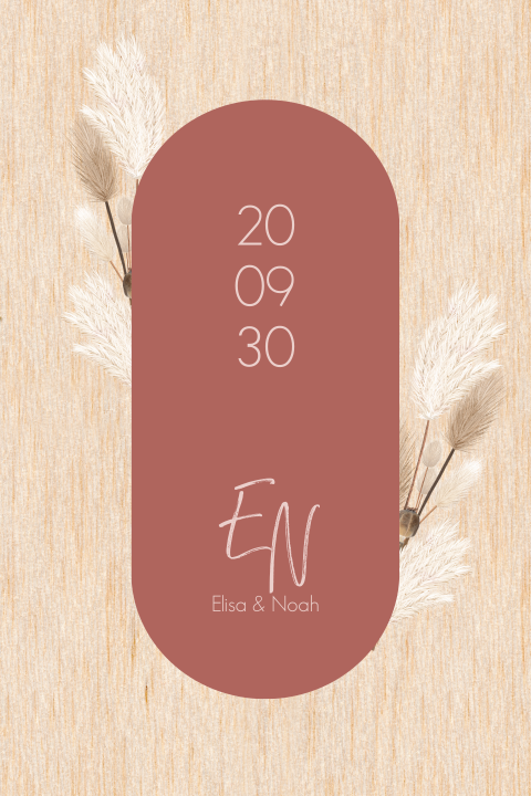 Hochzeitseinladung auf echtem Holz mit rotem Hintergrund und Blumen