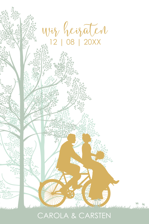 Romantische Hochzeitseinladung mit einem Pärchen auf dem Fahrrad