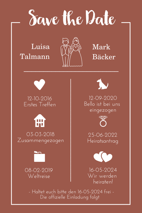 Save the Date Karte mit Ihrer Liebesgeschichte
