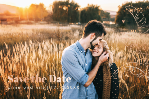 Save the Date Karte mit gezeichneten Blättern und Foliendruck:"Nature"