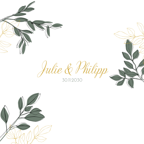 Hochzeitseinladung mit Blättern in Grün und Gold: "Golden Leaves"