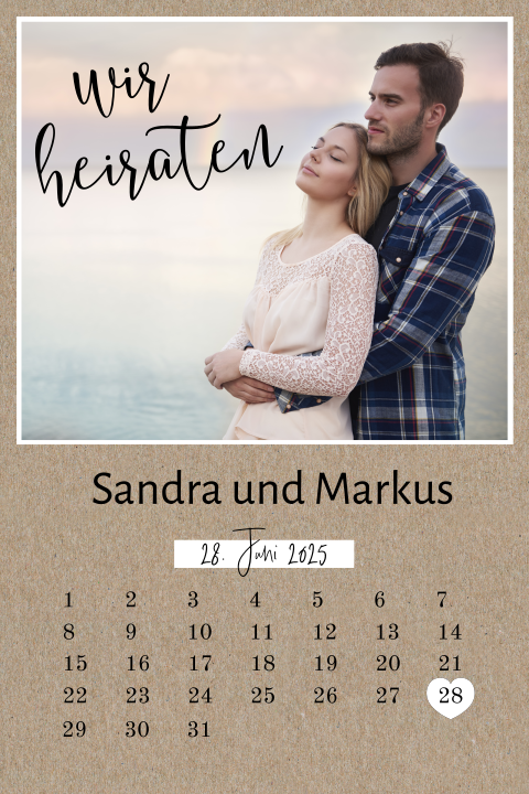 Hochzeitseinladung auf Kraftpapier in Form eines Kalenders