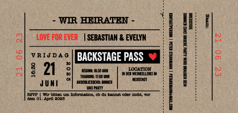 Ihre Hochzeitseinladung in Form eines Eintrittstickets auf Kraftpapier
